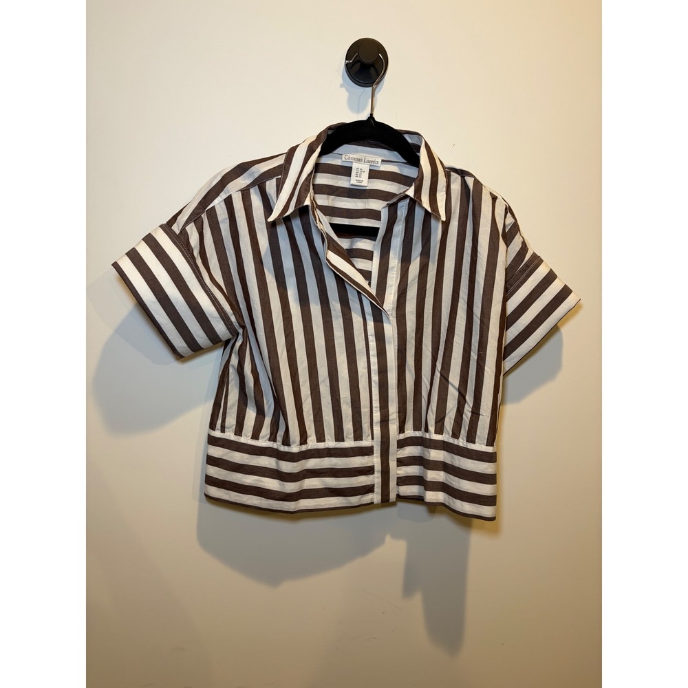Christian Lacroix Womens XS Brown White Striped Cotton Crop Button Down Shirt